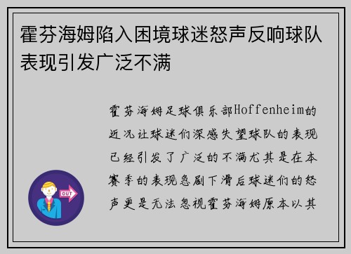 霍芬海姆陷入困境球迷怒声反响球队表现引发广泛不满