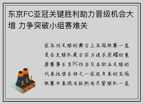 东京FC亚冠关键胜利助力晋级机会大增 力争突破小组赛难关