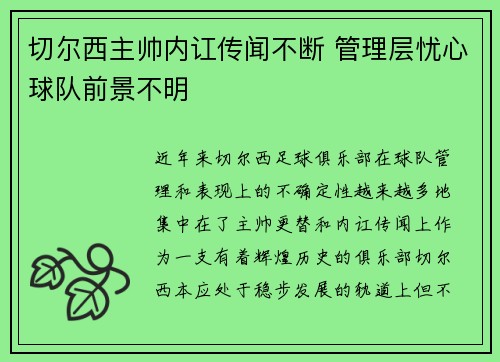 切尔西主帅内讧传闻不断 管理层忧心球队前景不明