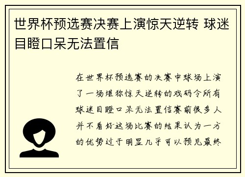 世界杯预选赛决赛上演惊天逆转 球迷目瞪口呆无法置信