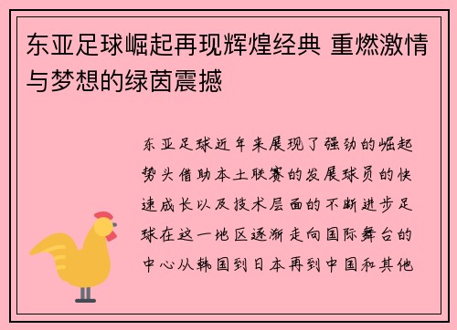 东亚足球崛起再现辉煌经典 重燃激情与梦想的绿茵震撼